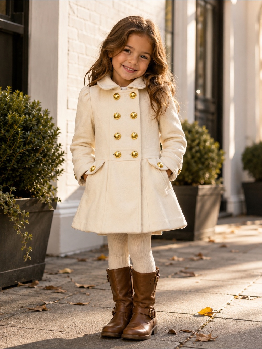 GAP White Double-Breasted Pea Coat with Gold Buttons